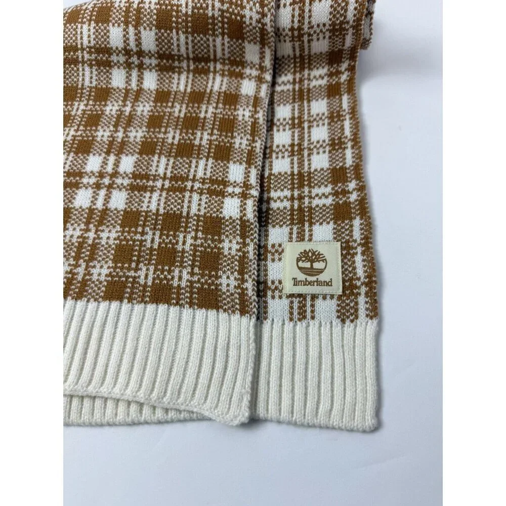 Timberland Scarf Houndstooth Plaid Knit Cozy‎ Logo Checker Tan Cream Fall Winter